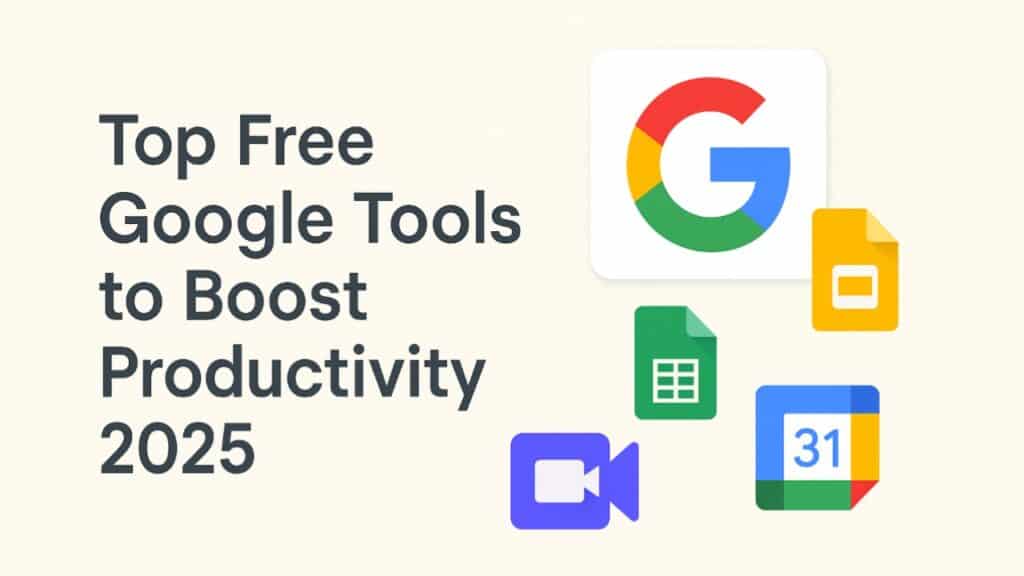 Top free Google tools for enhancing productivity in 2020, featuring icons and brief descriptions of each tool.