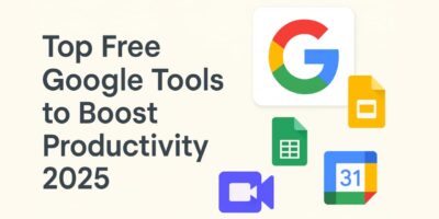 Top free Google tools for enhancing productivity in 2020, featuring icons and brief descriptions of each tool.