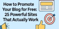 Illustration with the title "How to Promote Your Blog for Free: 25 Powerful Sites That Actually Work" featuring icons of a webpage, a target with an arrow, a thumbs-up, and a megaphone on a light blue background.