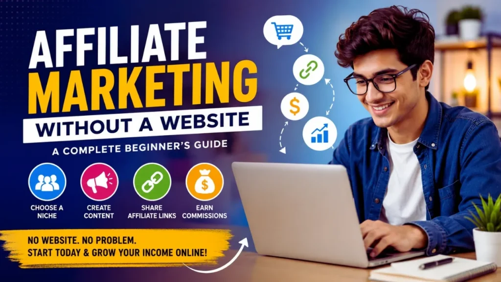 Affiliate marketing without a website using online platforms, content, affiliate links, and commissions