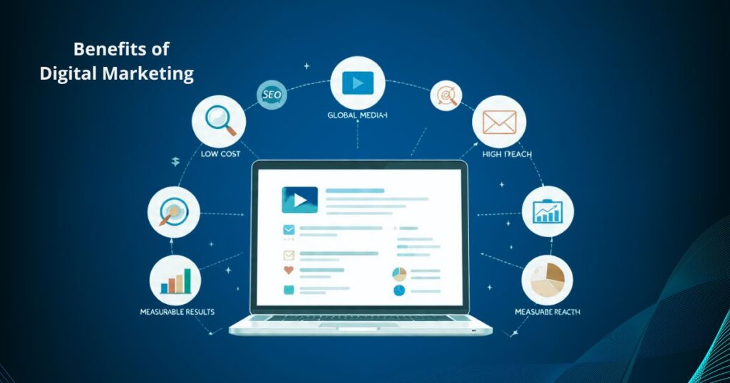 Infographic showing 17 benefits of digital marketing including SEO, social media, ROI and global reach