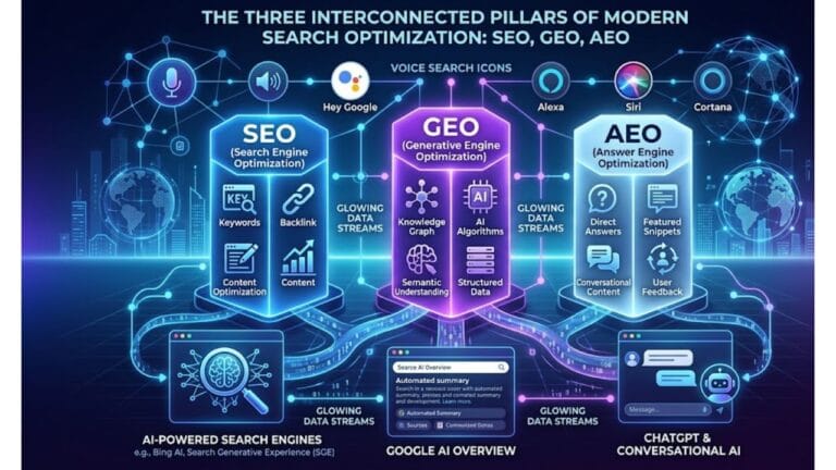SEO vs GEO vs AEO comparison showing the future of AI-powered search optimization.