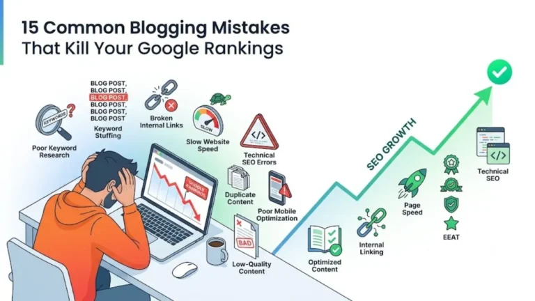 Common blogging mistakes that hurt Google rankings, including poor keyword research, slow website speed, weak internal linking, and technical SEO issues.