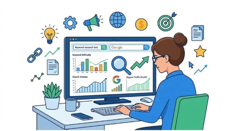 Digital marketer researching low competition keywords using SEO tools and keyword analysis dashboard, How to Find Low Competition Keywords.
