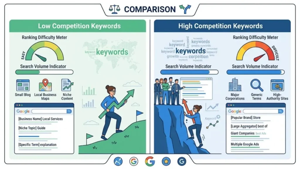 How to Find Low Competition Keywords in 2026 Comparison of low competition keywords and high competition keywords in SEO