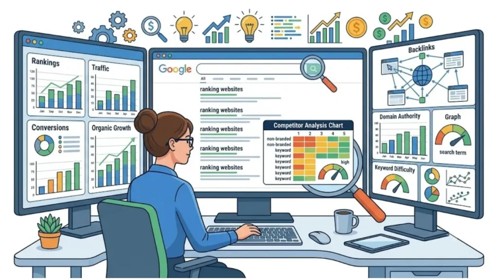 How to Find Low Competition Keywords in 2026 SEO expert analyzing competitor websites and keyword competition
