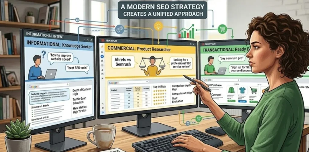 12 Proven Fixes for Why Website Not Getting Traffic Search intent types including informational commercial and transactional queries