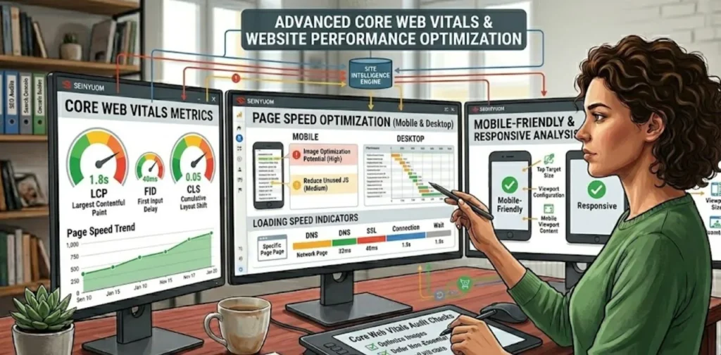 12 Proven Fixes for Why Website Not Getting Traffic Website speed optimization dashboard showing Core Web Vitals improvements