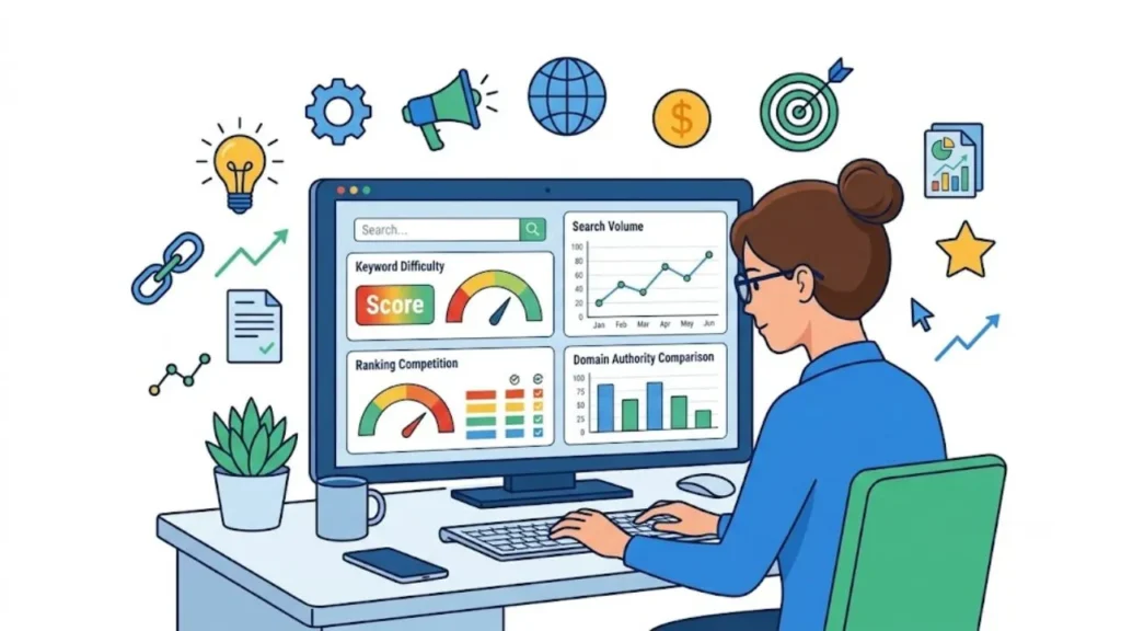 How to Find Low Competition Keywords in 2026 SEO dashboard showing keyword difficulty score, search volume, and ranking competition