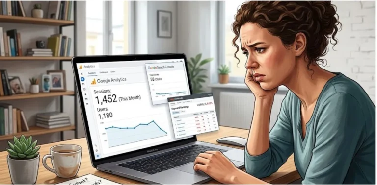 Website analytics dashboard showing low traffic and declining organic visitors, Why Website Not Getting Traffic