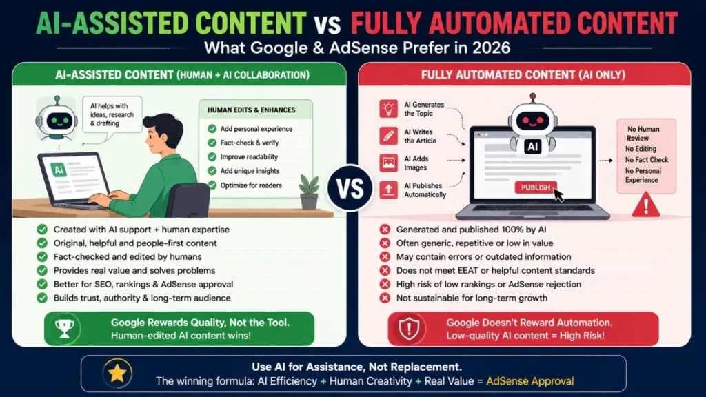 Can AI Content Get AdSense Approval? Complete 2026 Guide Comparison infographic showing AI-assisted content with human editing versus fully automated AI-generated articles.