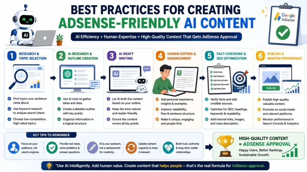Can AI Content Get AdSense Approval? Complete 2026 Guide Workflow infographic showing AI research, human editing, fact-checking, SEO optimization, and publishing high-quality AI-assisted content.