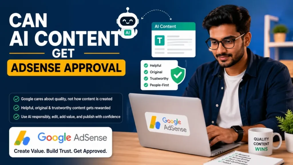 Can AI Content Get AdSense Approval? Complete 2026 Guide Can AI content get AdSense approval? Blogger using AI tools to create high-quality, Google AdSense-friendly content.