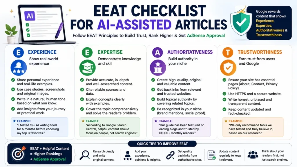 Can AI Content Get AdSense Approval? Complete 2026 Guide Infographic explaining EEAT principles for AI-assisted articles, including Experience, Expertise, Authoritativeness, and Trustworthiness.