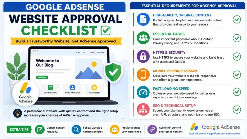 Can AI Content Get AdSense Approval? Complete 2026 Guide Website checklist showing essential Google AdSense requirements, including quality content, HTTPS, mobile-friendly design, and legal pages.