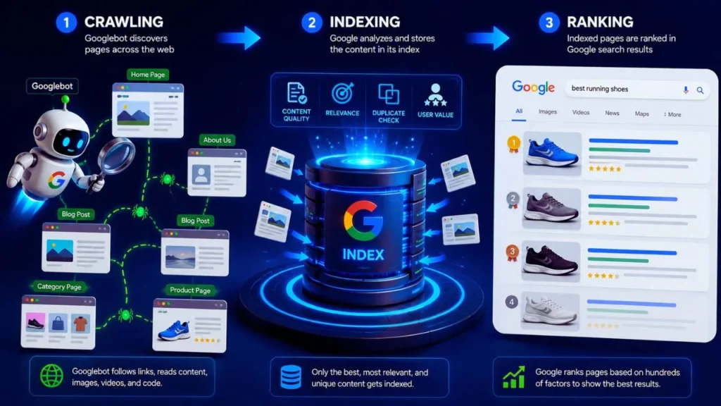 Why Google Is Not Indexing Your Pages: 15 Common Reasons & Fixes (2026 Guide) Illustration showing Googlebot crawling webpages before indexing and ranking them in Google Search