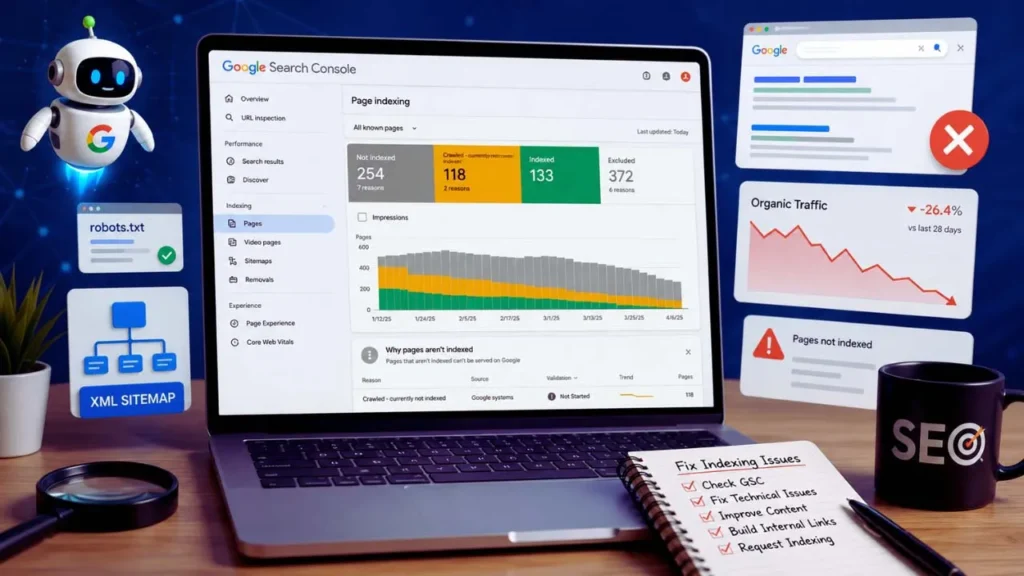 Why Google Is Not Indexing Your Pages: 15 Common Reasons & Fixes (2026 Guide) Google Search Console dashboard showing multiple pages not indexed with warning icons and declining organic traffic graph