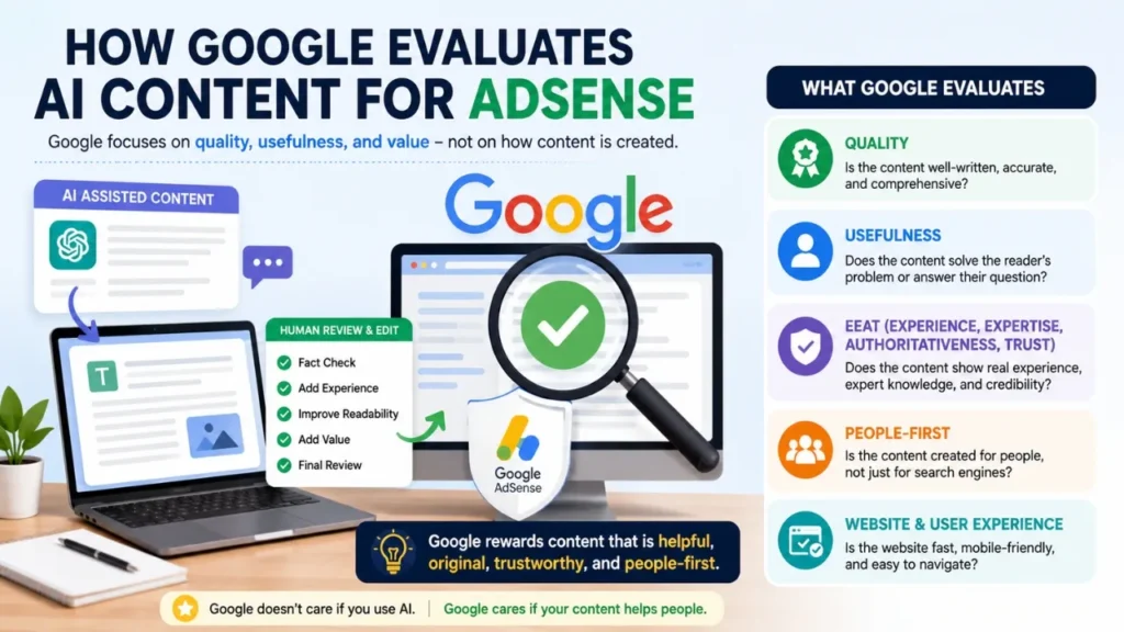 Can AI Content Get AdSense Approval? Complete 2026 Guide Illustration showing Google evaluating AI-generated content based on quality, helpfulness, EEAT, and user experience.