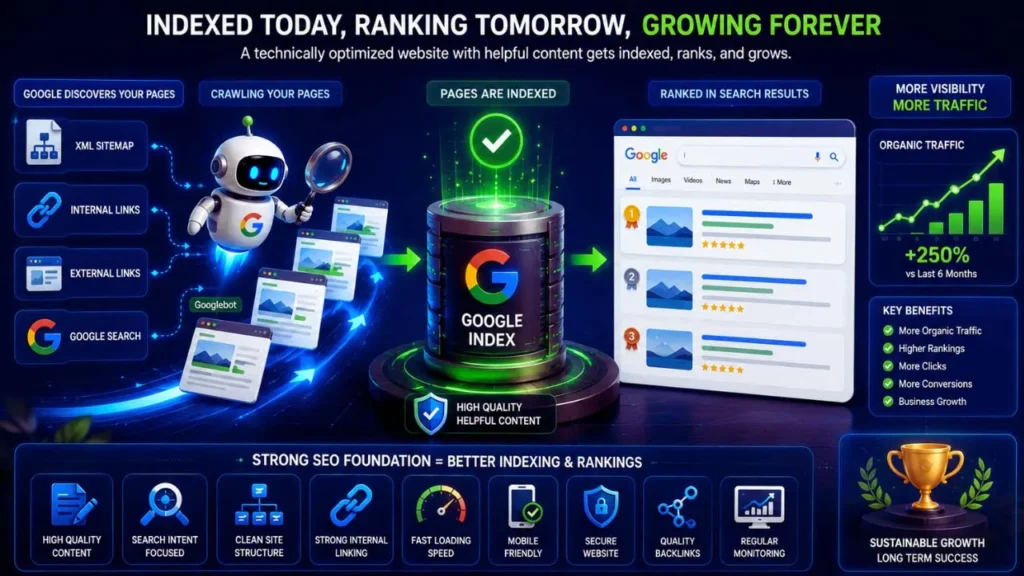 Why Google Is Not Indexing Your Pages: 15 Common Reasons & Fixes (2026 Guide) Website pages successfully indexed with increasing search visibility and organic traffic growth