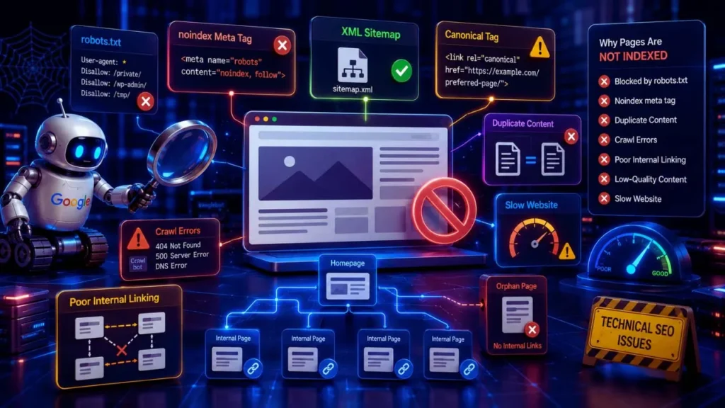 Why Google Is Not Indexing Your Pages: 15 Common Reasons & Fixes (2026 Guide) Technical SEO illustration showing robots.txt, noindex tag, XML sitemap, canonical tag and crawl errors