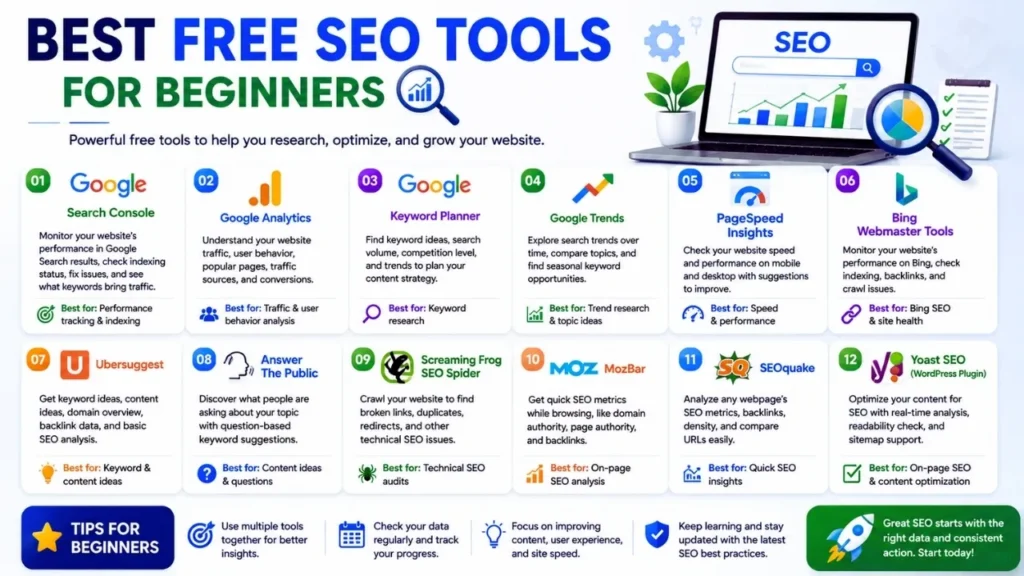 Best free SEO tools for beginners including Google Search Console Analytics Keyword Planner and Trends