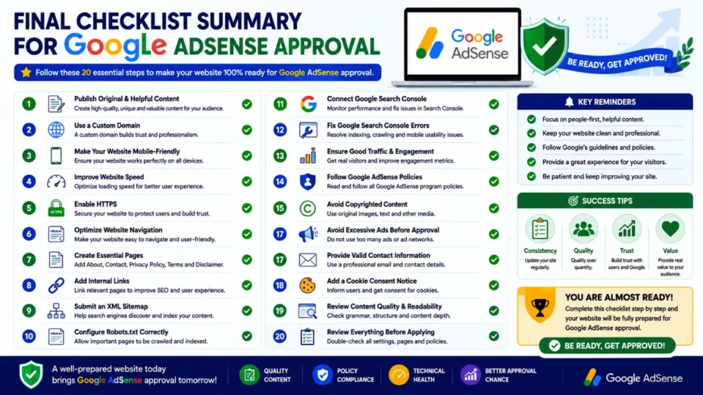Google AdSense Approval Checklist: 20 Essential Steps to Get Approved in 2026 Final Google AdSense approval checklist summarizing the essential website, content, SEO, and policy requirements.