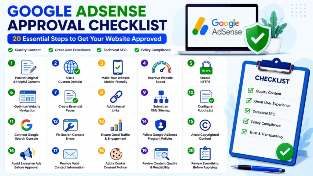 Google AdSense Approval Checklist: 20 Essential Steps to Get Approved in 2026 Infographic illustrating the 20 essential Google AdSense approval checklist steps for website owners.