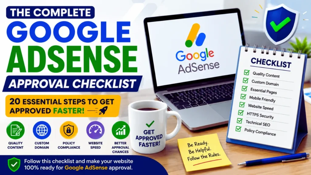 Google AdSense Approval Checklist: 20 Essential Steps to Get Approved in 2026 Google AdSense approval checklist showing the essential steps to improve website quality and increase approval chances.