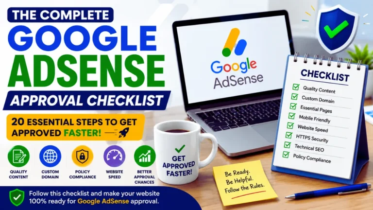 Google AdSense approval checklist showing the essential steps to improve website quality and increase approval chances.
