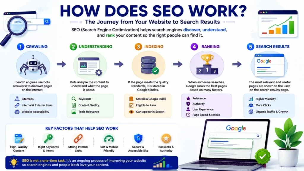 How does SEO work through crawling indexing understanding and ranking web pages