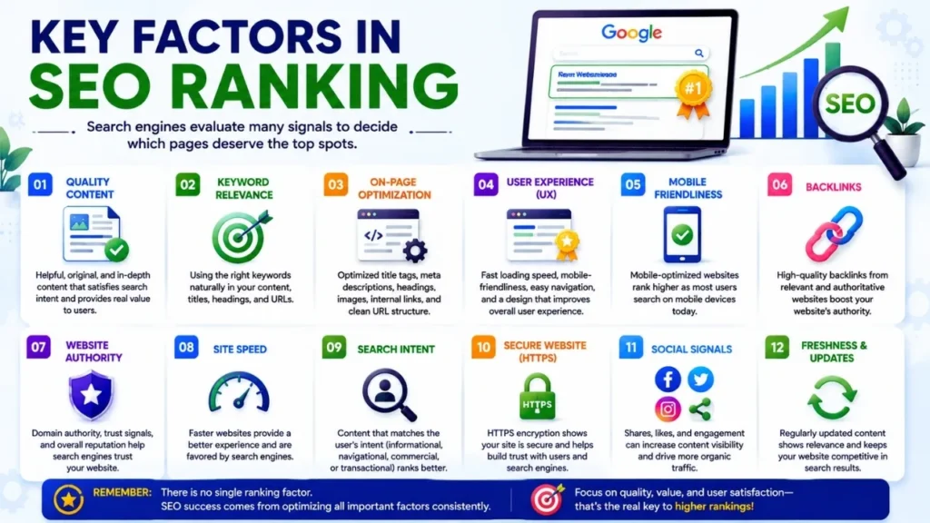 Key factors in SEO ranking including content search intent backlinks user experience and website performance
