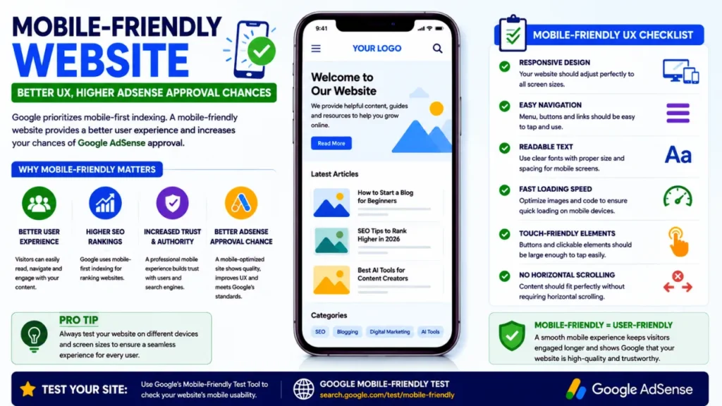 Google AdSense Approval Checklist: 20 Essential Steps to Get Approved in 2026 Mobile-friendly responsive website design improving user experience and Google AdSense approval.