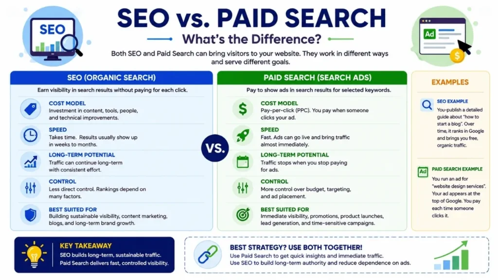 SEO vs paid search comparison showing organic traffic and search advertising differences
