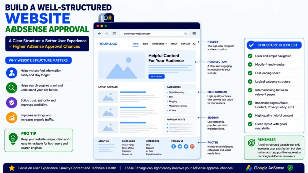 Google AdSense Approval Checklist: 20 Essential Steps to Get Approved in 2026 Well-structured website layout with clear navigation, categories, sidebar, and footer for Google AdSense approval.